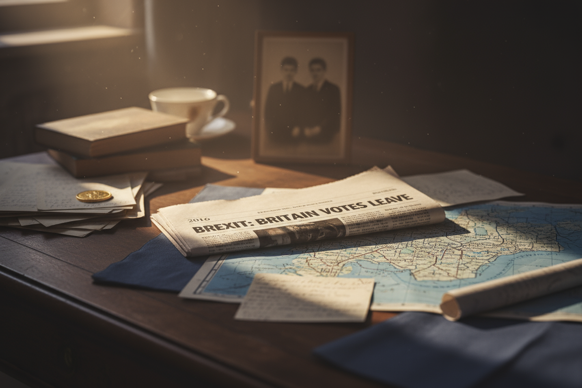 A dimly lit wooden desk or table with a few symbolic objects arranged in a subtle, atmospheric way. Soft lighting from the side creates warm shadows, using a colour palette of dark wood, muted blues, and touches of soft gold. On the table are a folded newspaper with a headline about a UK referendum, a slightly worn map of Liverpool partially unfolded, a few scattered papers or notes, a single gold coin catching a small beam of light, and a blurred, half-visible photograph of two young men (not detailed, jus