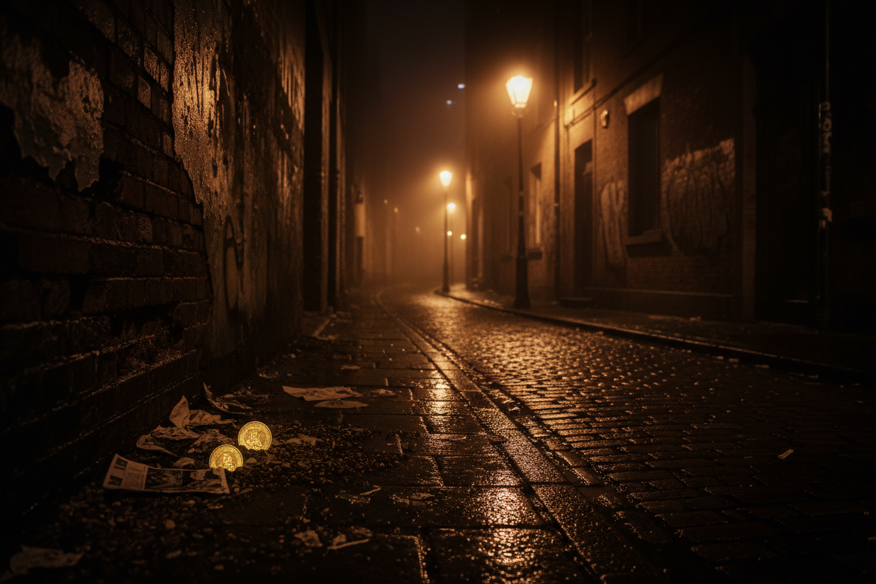 Create a dark, atmospheric image of a Liverpool alley at night, with wet pavement reflecting dim orange or gold streetlights. Include a subtle glint of a few gold coins partially hidden near a wall or under debris, just visible enough to suggest a secret. Add light mist, deep shadows and gritty textures to capture the mood of the streets Jude moved through. The image should feel mysterious, cinematic and tense — not literal, but symbolic — with strong contrast and a moody, thriller-like aesthetic.